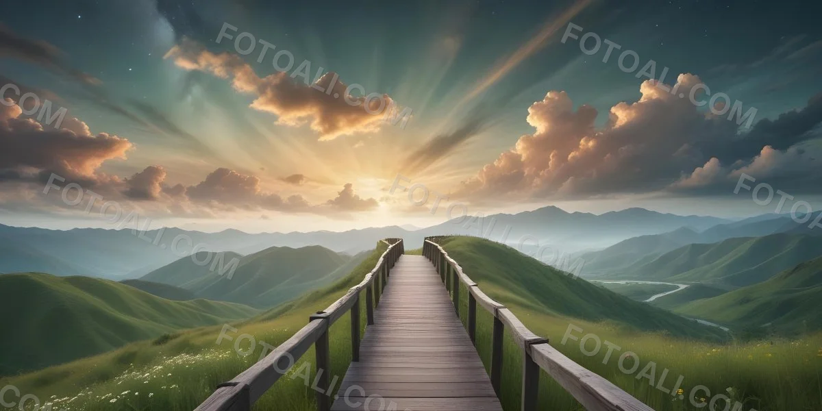 Comic Style A Wooden Walkway Leading Through A Lush Green Landscape With Mountains In The Background Under A Dramatic Cloudy Sky At Sunset A Stone Path Winding Through A Vibrant Colorful Meadow With Hills In 6 Eebd