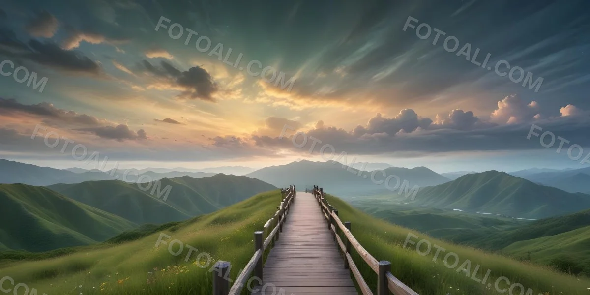 Comic Style A Wooden Walkway Leading Through A Lush Green Landscape With Mountains In The Background Under A Dramatic Cloudy Sky At Sunset A Stone Path Winding Through A Vibrant Colorful Meadow With Hills In 9 C91e