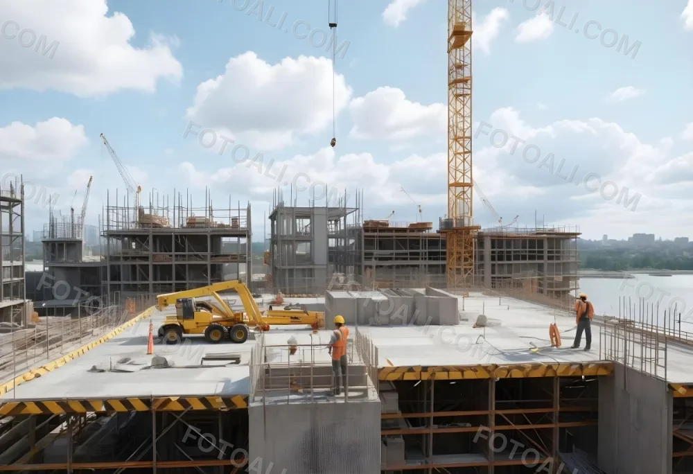 Construction Site With A Crane Concrete Structure Scaffolding And Construction Materials Under A Cloudy Sky Construction Workers Are Visible 1 1a80