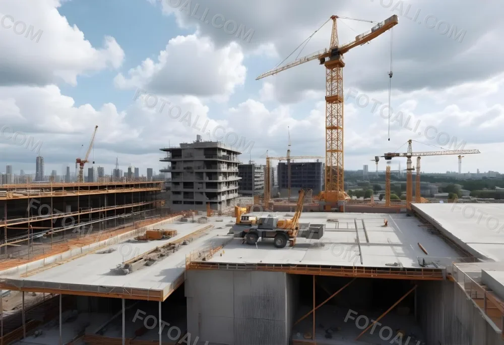 Construction Site With A Crane Concrete Structure Scaffolding And Construction Materials Under A Cloudy Sky Construction Workers Are Visible 10 E36a