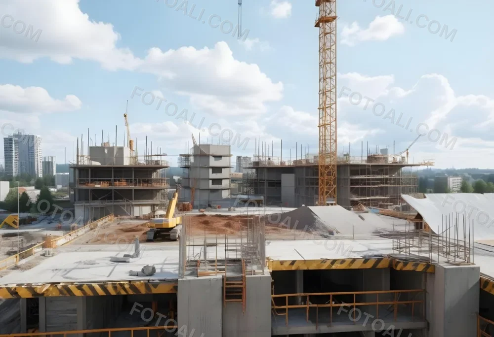 Construction Site With A Crane Concrete Structure Scaffolding And Construction Materials Under A Cloudy Sky Construction Workers Are Visible 13 A964