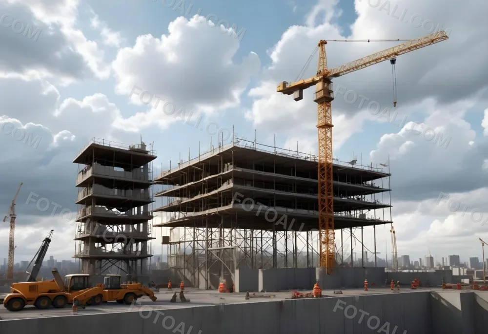 Construction Site With A Crane Concrete Structure Scaffolding And Construction Materials Under A Cloudy Sky Construction Workers Are Visible 14 F75f