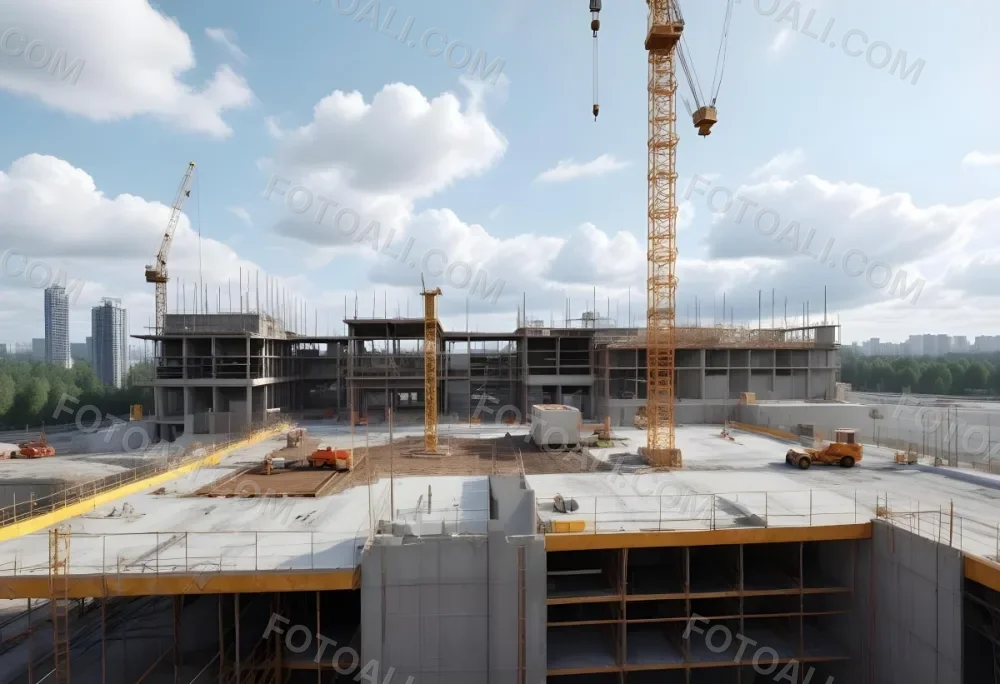 Construction Site With A Crane Concrete Structure Scaffolding And Construction Materials Under A Cloudy Sky Construction Workers Are Visible 29 C37b