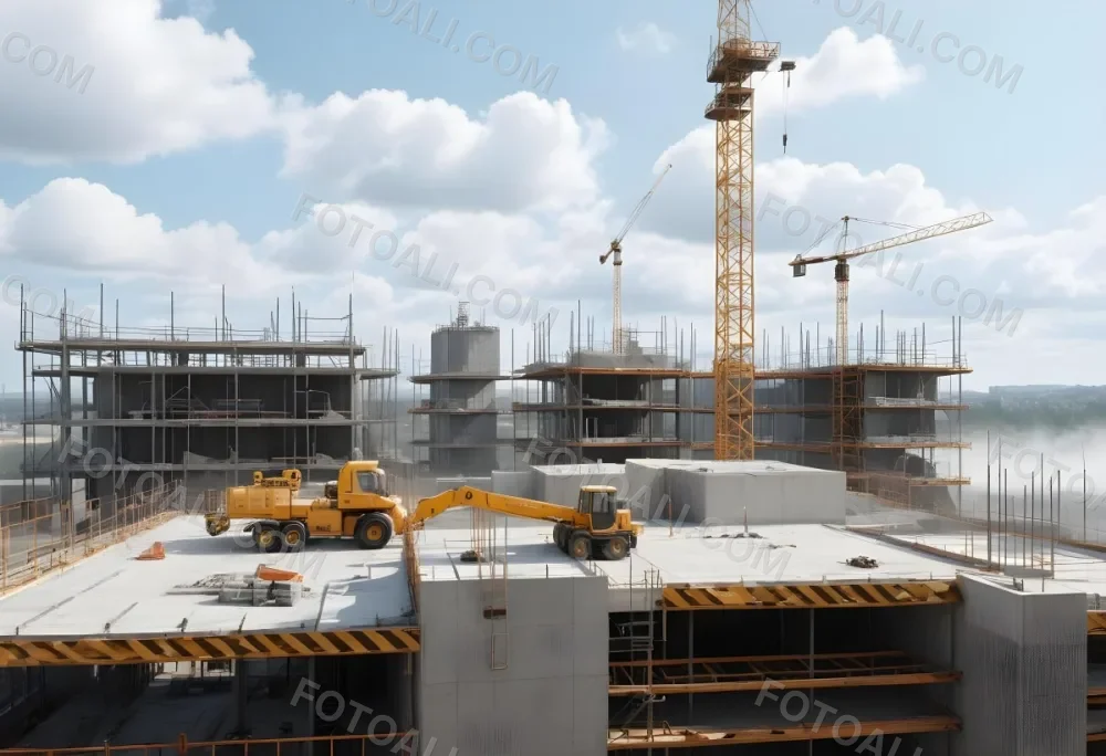 Construction Site With A Crane Concrete Structure Scaffolding And Construction Materials Under A Cloudy Sky Construction Workers Are Visible 3 A966