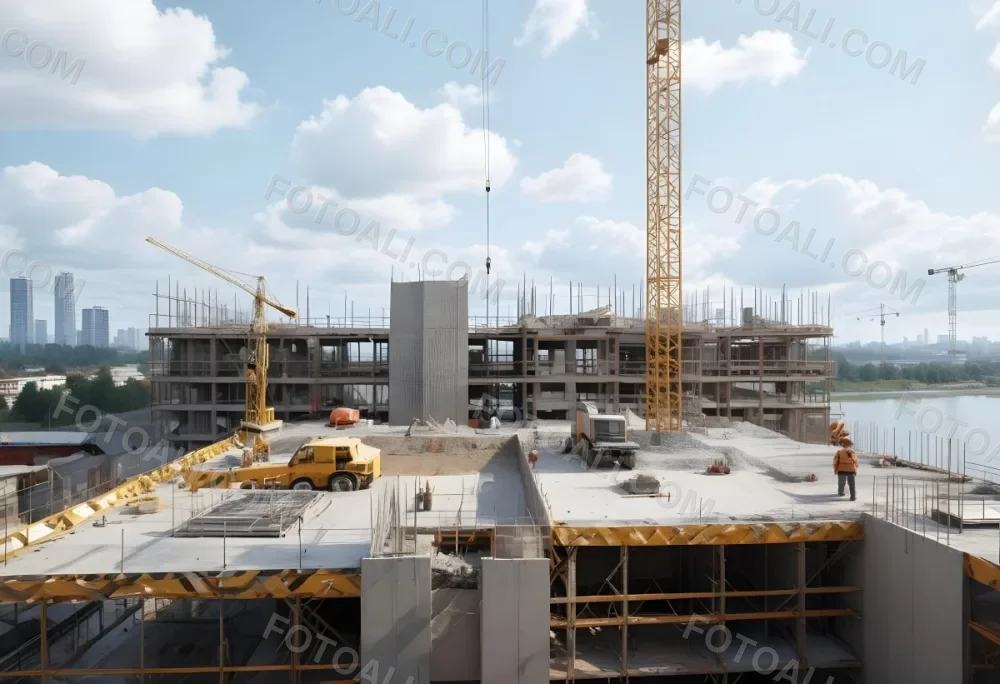 Construction Site With A Crane Concrete Structure Scaffolding And Construction Materials Under A Cloudy Sky Construction Workers Are Visible 30 85ed