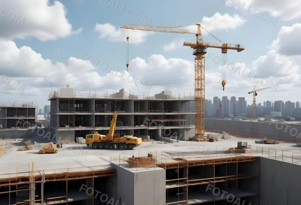 Construction Site With A Crane Concrete Structure Scaffolding And Construction Materials Under A Cloudy Sky Construction Workers Are Visible 4 C979