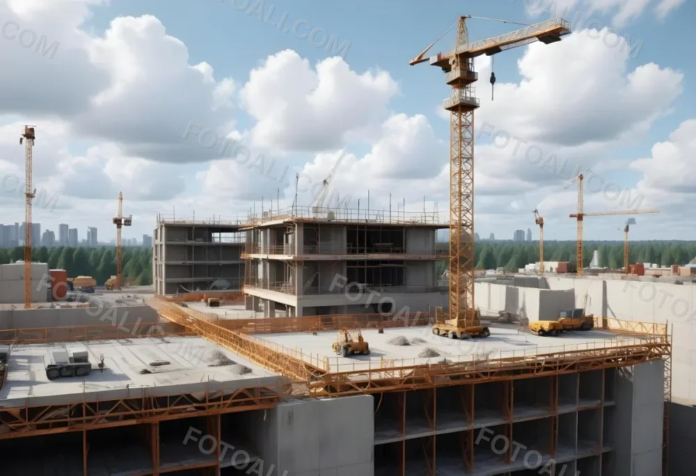 Construction Site With A Crane Concrete Structure Scaffolding And Construction Materials Under A Cloudy Sky Construction Workers Are Visible 8 3f10