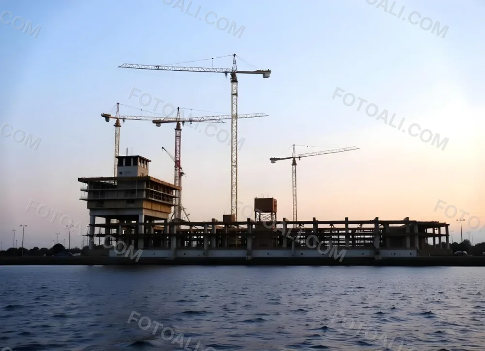 Construction Site With Multiple Cranes And Buildings Under Construction Near A Body Of Water 11 127e