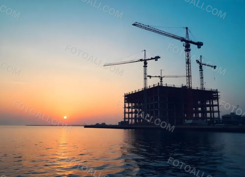 Construction Site With Multiple Cranes And Buildings Under Construction Near A Body Of Water 8 5eaa