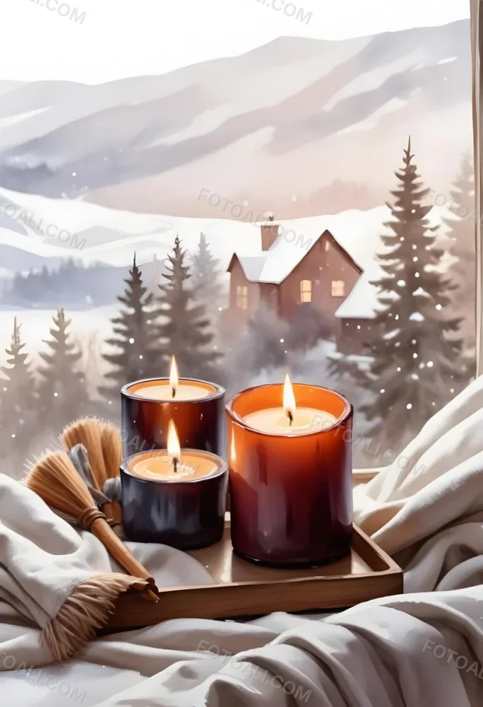 Cozy Winter Scene With Lit Candles A Warm Blanket And A Window Overlooking A Snowy Landscape 13 8152
