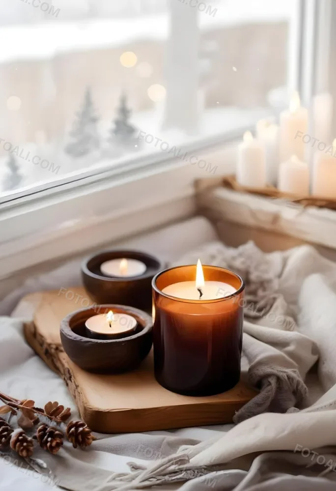 Cozy Winter Scene With Lit Candles A Warm Blanket And A Window Overlooking A Snowy Landscape 21 356c