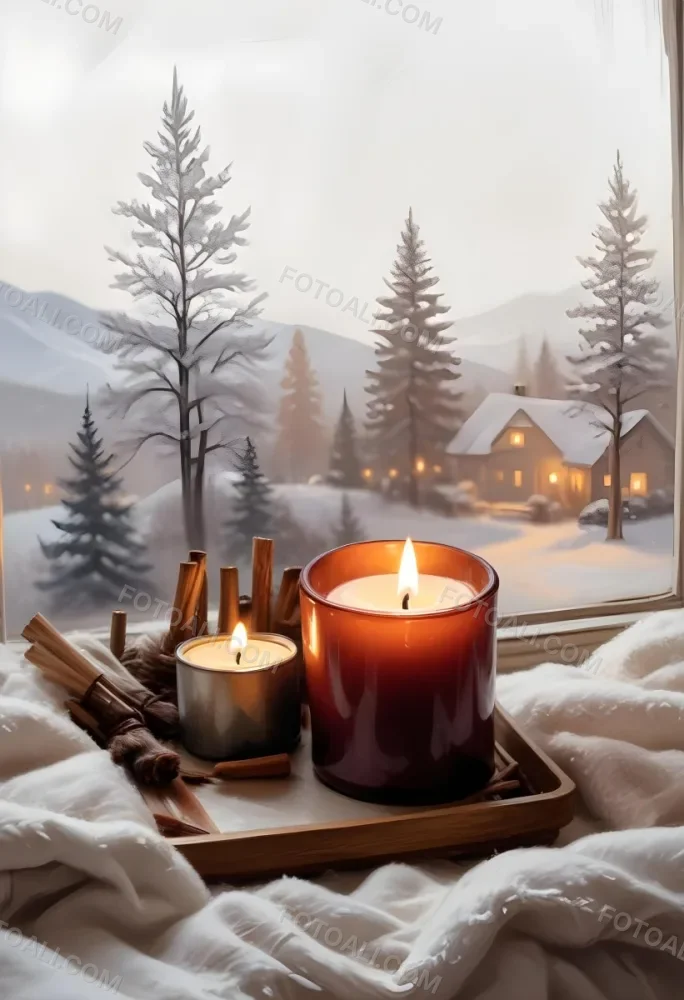Cozy Winter Scene With Lit Candles A Warm Blanket And A Window Overlooking A Snowy Landscape 25 1f07