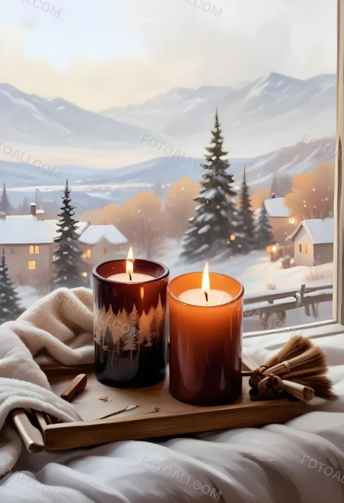 Cozy Winter Scene With Lit Candles A Warm Blanket And A Window Overlooking A Snowy Landscape 29 34c0
