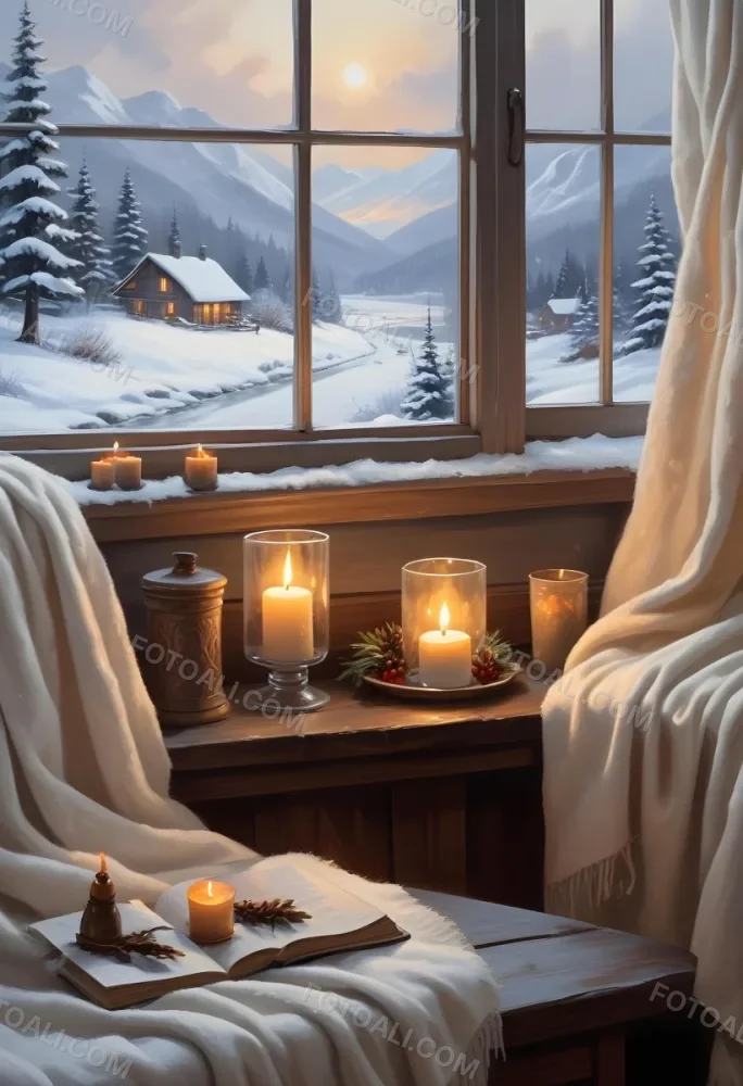 Cozy Winter Scene With Lit Candles A Warm Blanket And A Window Overlooking A Snowy Landscape 30 2c2b