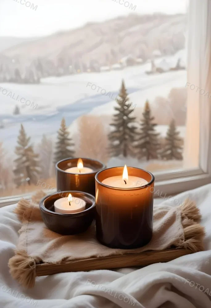 Cozy Winter Scene With Lit Candles A Warm Blanket And A Window Overlooking A Snowy Landscape 34 B4e7