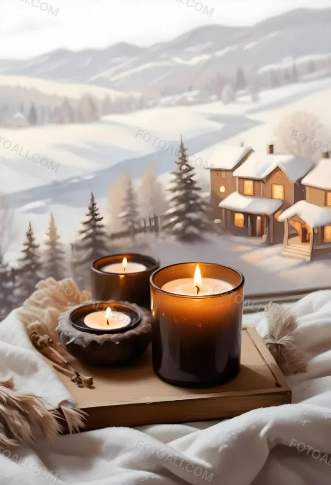 Cozy Winter Scene With Lit Candles A Warm Blanket And A Window Overlooking A Snowy Landscape 35 A14b