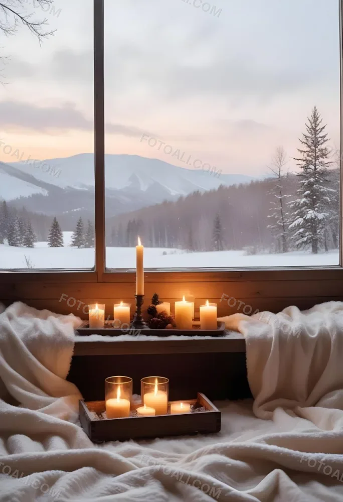 Cozy Winter Scene With Lit Candles A Warm Blanket And A Window Overlooking A Snowy Landscape 36 C2b3