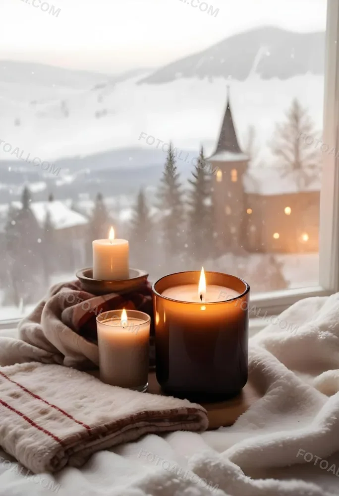 Cozy Winter Scene With Lit Candles A Warm Blanket And A Window Overlooking A Snowy Landscape 38 A331