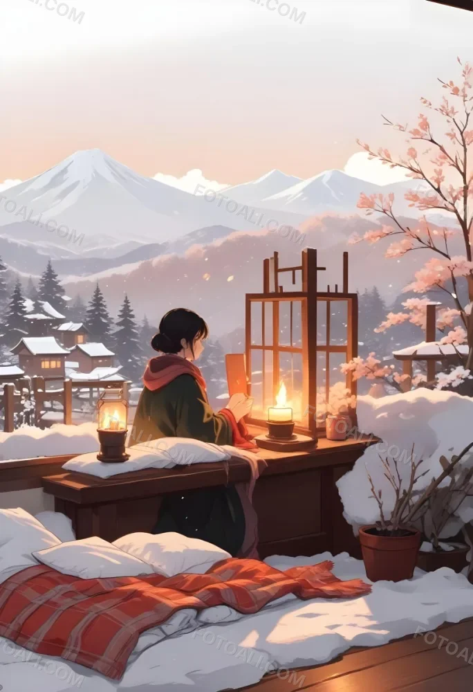 Cozy Winter Scene With Lit Candles A Warm Blanket And A Window Overlooking A Snowy Landscape 4 5632