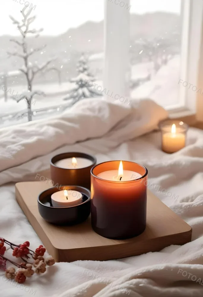 Cozy Winter Scene With Lit Candles A Warm Blanket And A Window Overlooking A Snowy Landscape 5 C697