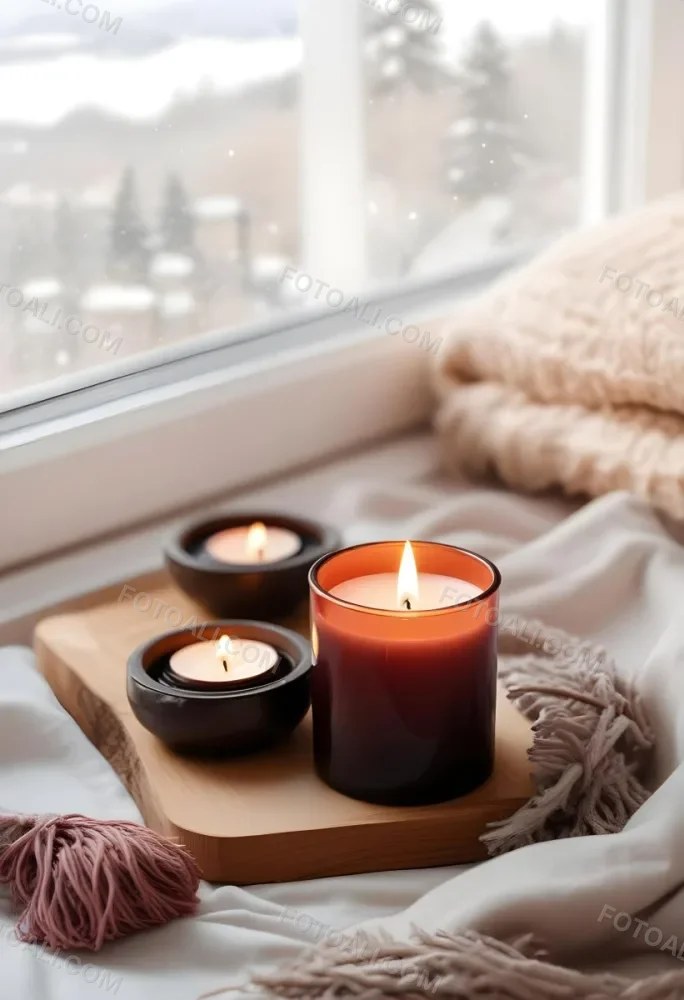 Cozy Winter Scene With Lit Candles A Warm Blanket And A Window Overlooking A Snowy Landscape 7 Bd74