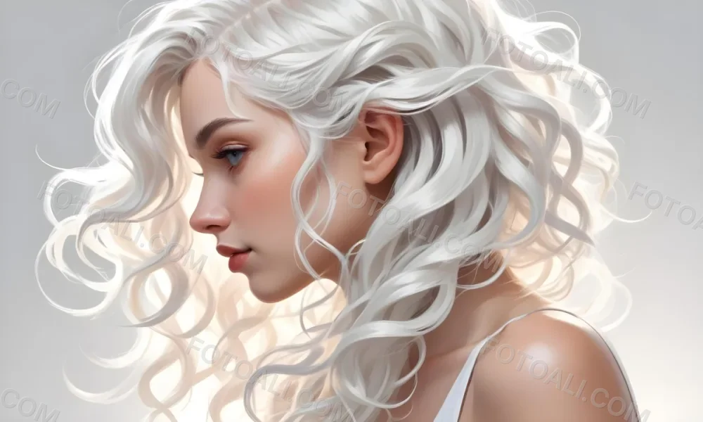 Curly White Hair Strands Light Reflections White Background 1