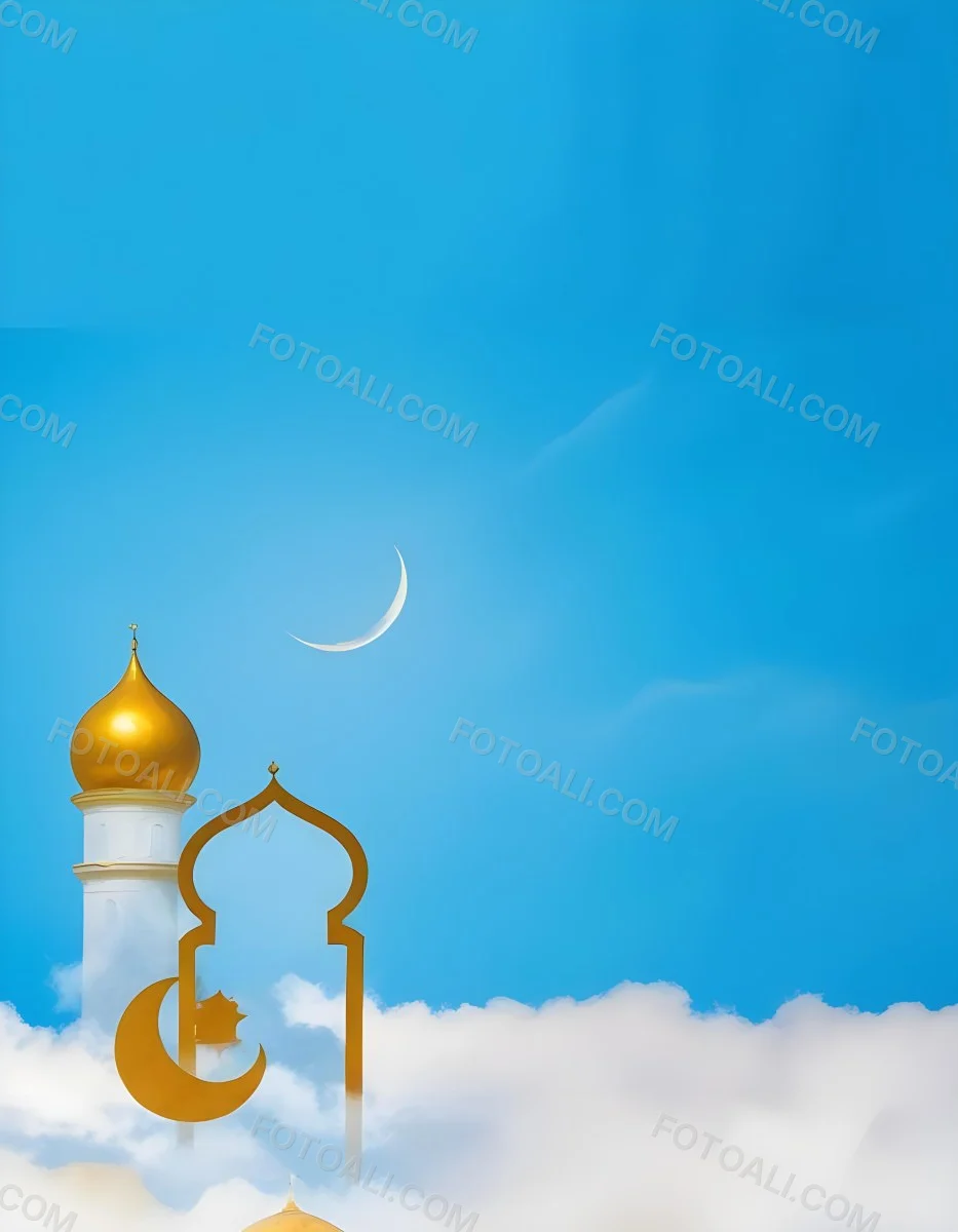 Dark And Mysterious A Golden Crescent Moon And A Golden Domed Building Against A Bright Blue Sky With Clouds Dark Shadows And Fog Blurred Neo Expressionism 1 D0a5