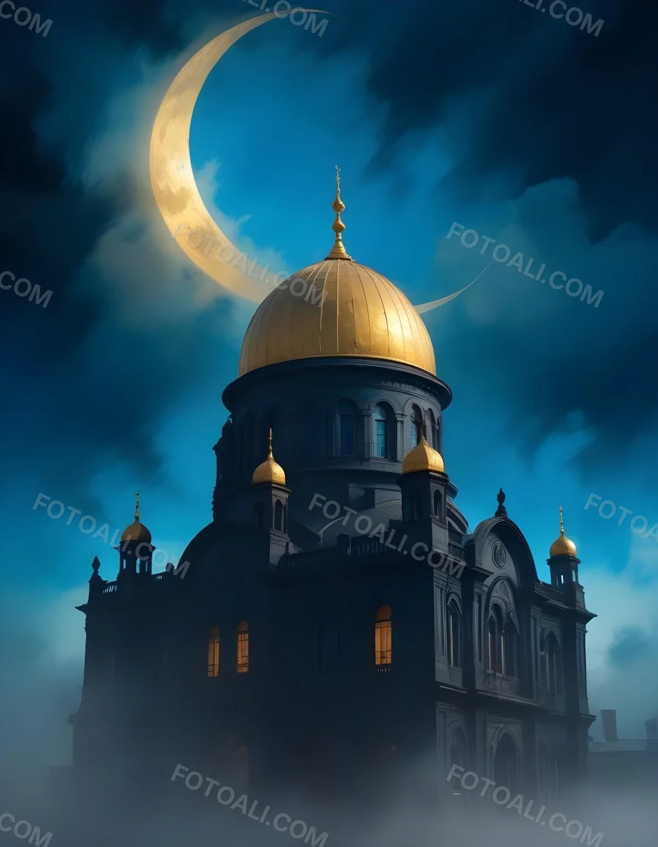 Dark And Mysterious A Golden Crescent Moon And A Golden Domed Building Against A Bright Blue Sky With Clouds Dark Shadows And Fog Blurred Neo Expressionism 11 89ad