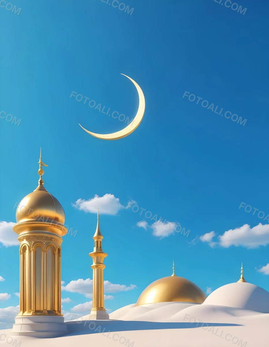 Dark And Mysterious A Golden Crescent Moon And A Golden Domed Building Against A Bright Blue Sky With Clouds Dark Shadows And Fog Blurred Neo Expressionism 13 13b4