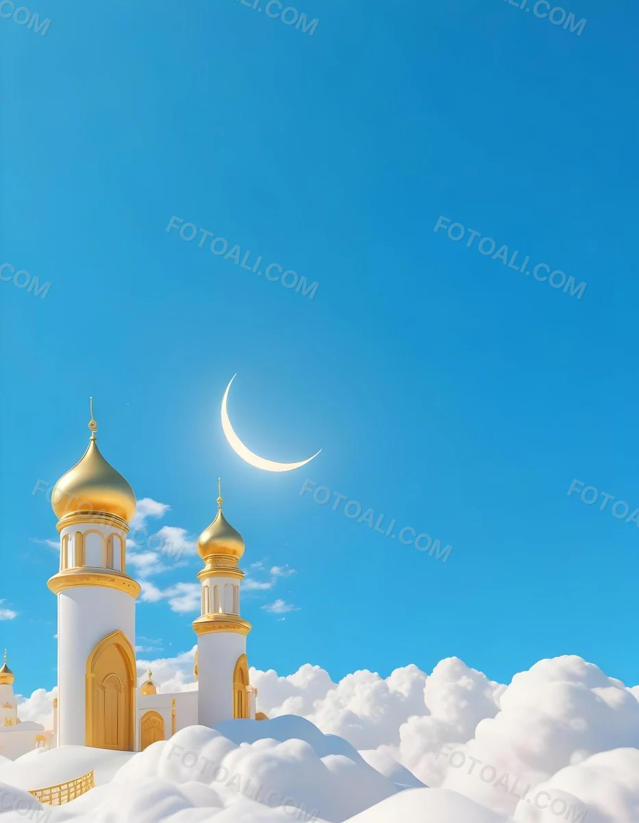 Dark And Mysterious A Golden Crescent Moon And A Golden Domed Building Against A Bright Blue Sky With Clouds Dark Shadows And Fog Blurred Neo Expressionism 14 0ac3