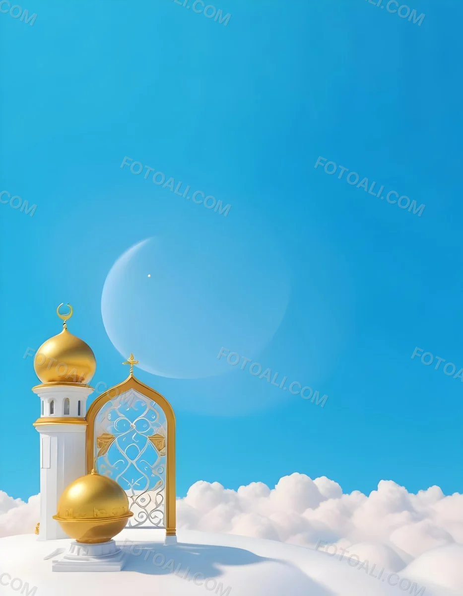 Dark And Mysterious A Golden Crescent Moon And A Golden Domed Building Against A Bright Blue Sky With Clouds Dark Shadows And Fog Blurred Neo Expressionism 17 E663