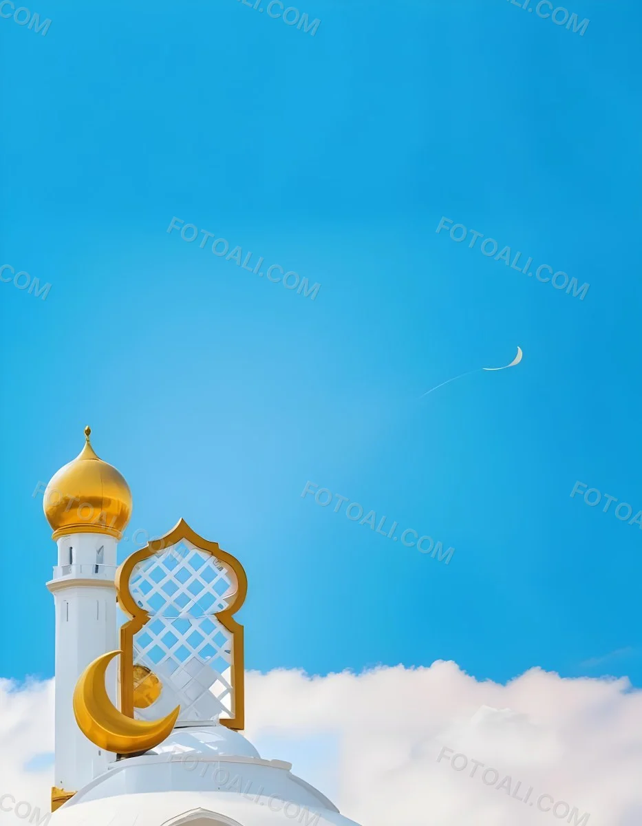 Dark And Mysterious A Golden Crescent Moon And A Golden Domed Building Against A Bright Blue Sky With Clouds Dark Shadows And Fog Blurred Neo Expressionism 20 Aa66