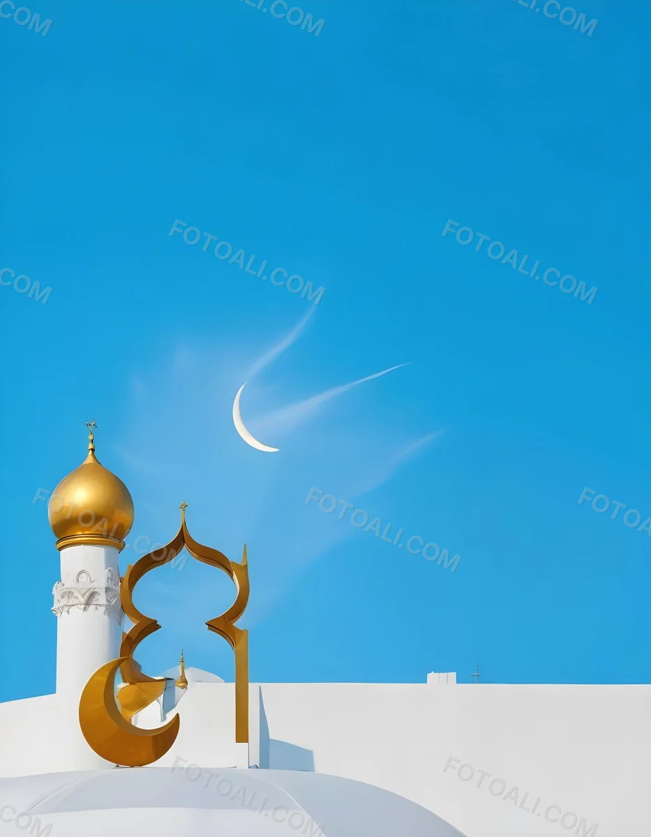 Dark And Mysterious A Golden Crescent Moon And A Golden Domed Building Against A Bright Blue Sky With Clouds Dark Shadows And Fog Blurred Neo Expressionism 22 A43e