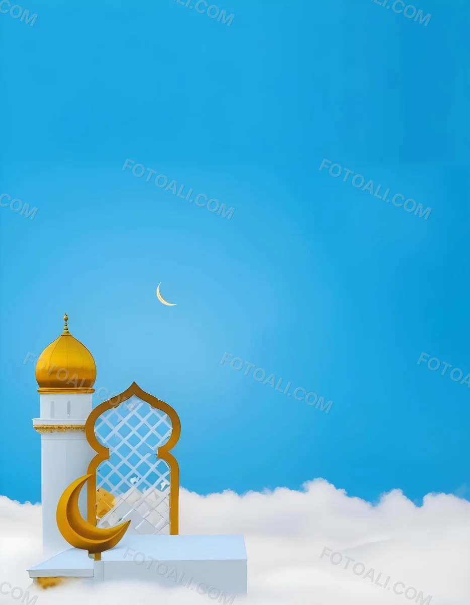 Dark And Mysterious A Golden Crescent Moon And A Golden Domed Building Against A Bright Blue Sky With Clouds Dark Shadows And Fog Blurred Neo Expressionism 3 87d6