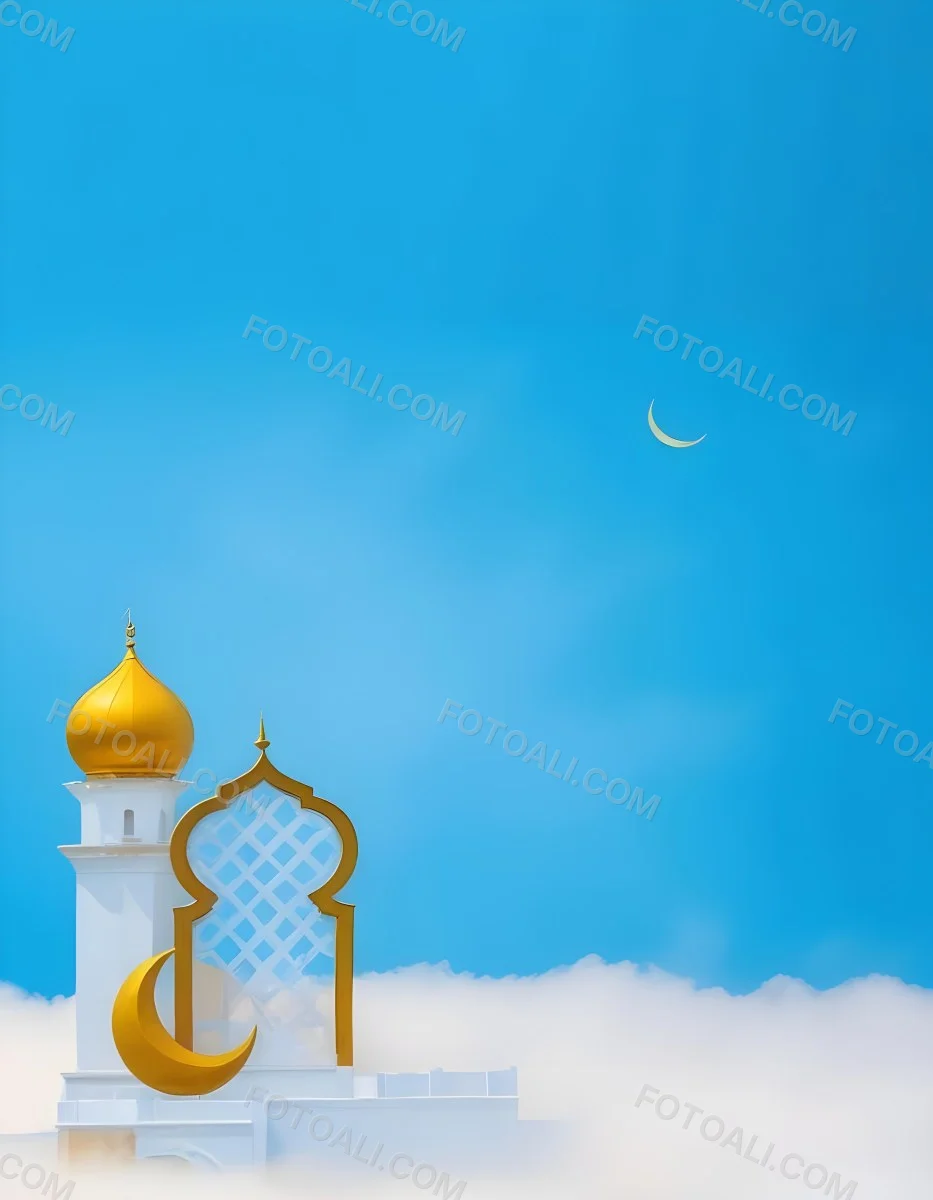 Dark And Mysterious A Golden Crescent Moon And A Golden Domed Building Against A Bright Blue Sky With Clouds Dark Shadows And Fog Blurred Neo Expressionism 4 76f9