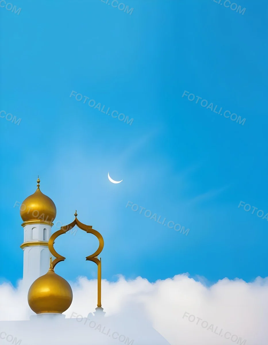 Dark And Mysterious A Golden Crescent Moon And A Golden Domed Building Against A Bright Blue Sky With Clouds Dark Shadows And Fog Blurred Neo Expressionism 5 00f1
