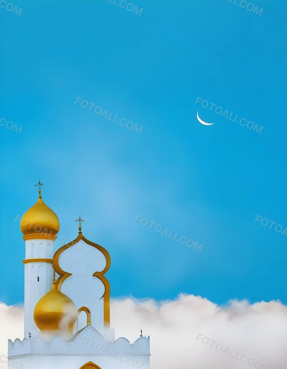 Dark And Mysterious A Golden Crescent Moon And A Golden Domed Building Against A Bright Blue Sky With Clouds Dark Shadows And Fog Blurred Neo Expressionism 6 A5f5