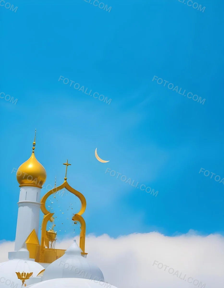 Dark And Mysterious A Golden Crescent Moon And A Golden Domed Building Against A Bright Blue Sky With Clouds Dark Shadows And Fog Blurred Neo Expressionism 7 8222