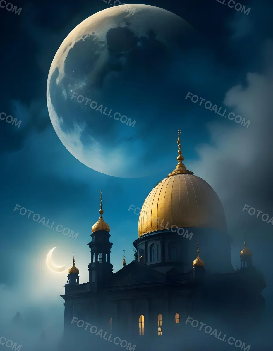 Dark And Mysterious A Golden Crescent Moon And A Golden Domed Building Against A Bright Blue Sky With Clouds Dark Shadows And Fog Blurred Neo Expressionism 8 89a0
