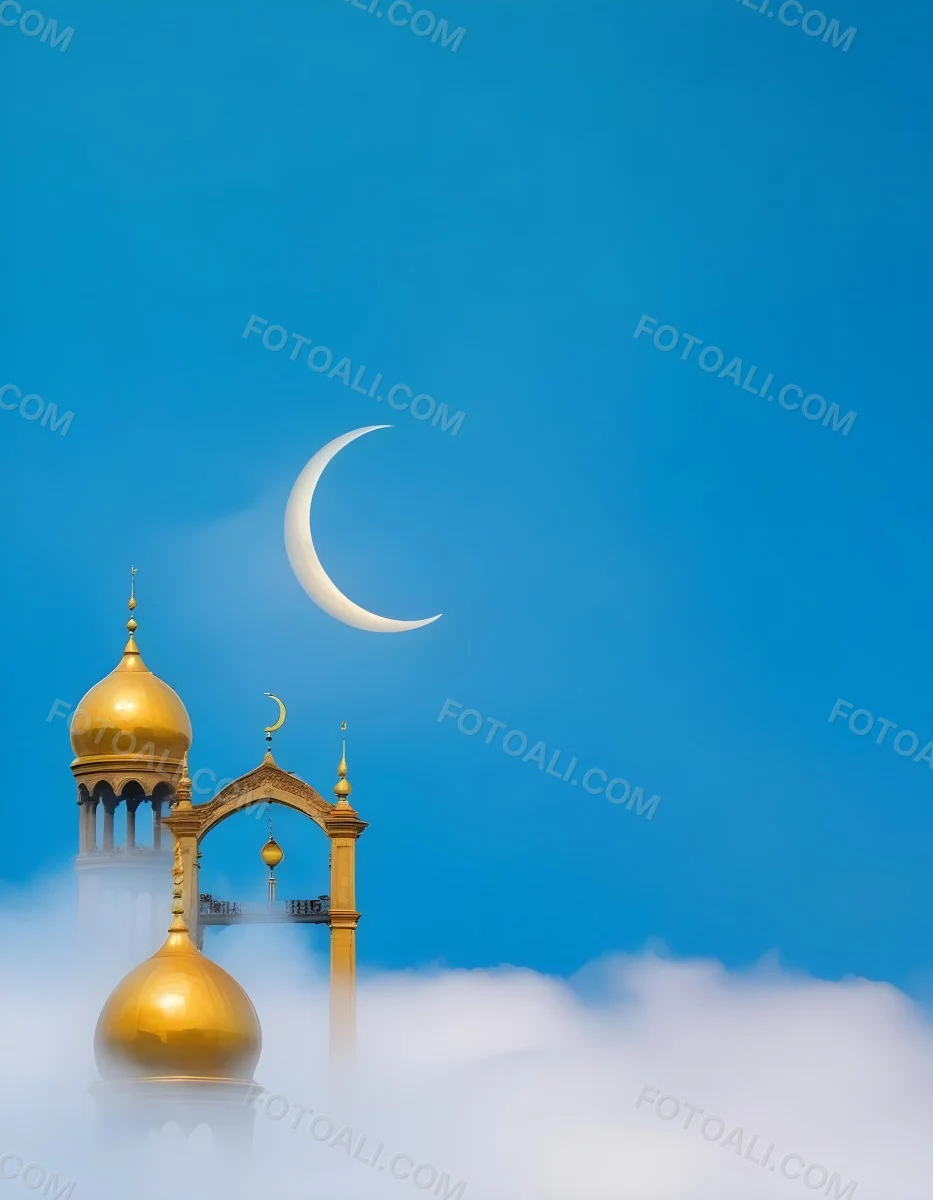 Dark And Mysterious A Golden Crescent Moon And A Golden Domed Building Against A Bright Blue Sky With Clouds Dark Shadows And Fog Blurred Neo Expressionism 9 Cc8b