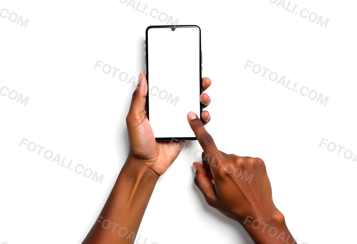 Dark Skinned Hands Holding A Smartphone With A Blank White Screen One Finger Is Holding The Screen Isolated On A White Background 10 1fd4