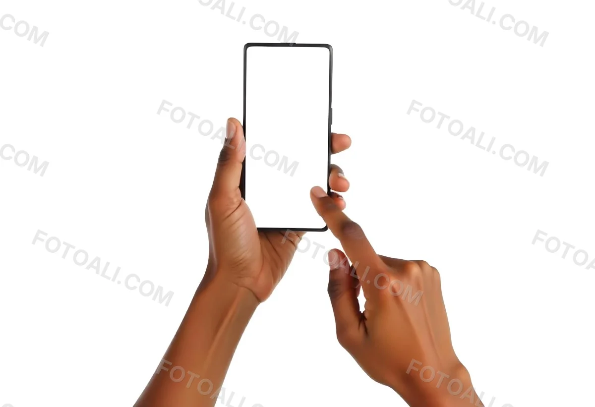 Dark Skinned Hands Holding A Smartphone With A Blank White Screen One Finger Is Holding The Screen Isolated On A White Background 11 Cadc