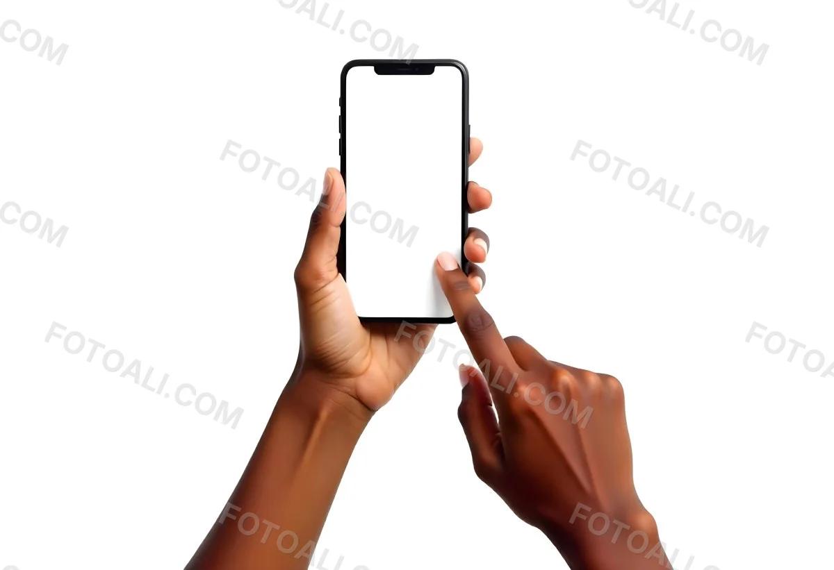 Dark Skinned Hands Holding A Smartphone With A Blank White Screen One Finger Is Holding The Screen Isolated On A White Background 12 8b93