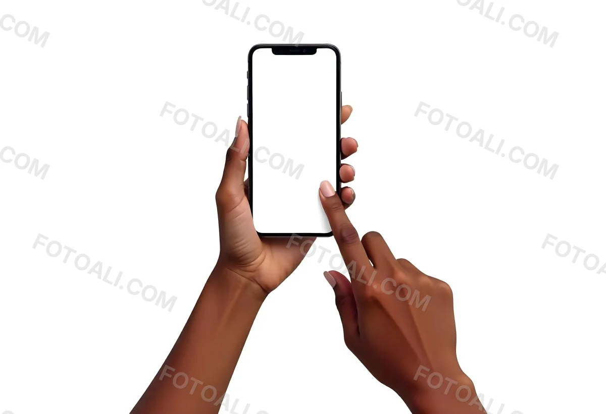 Dark Skinned Hands Holding A Smartphone With A Blank White Screen One Finger Is Holding The Screen Isolated On A White Background 15 23a3