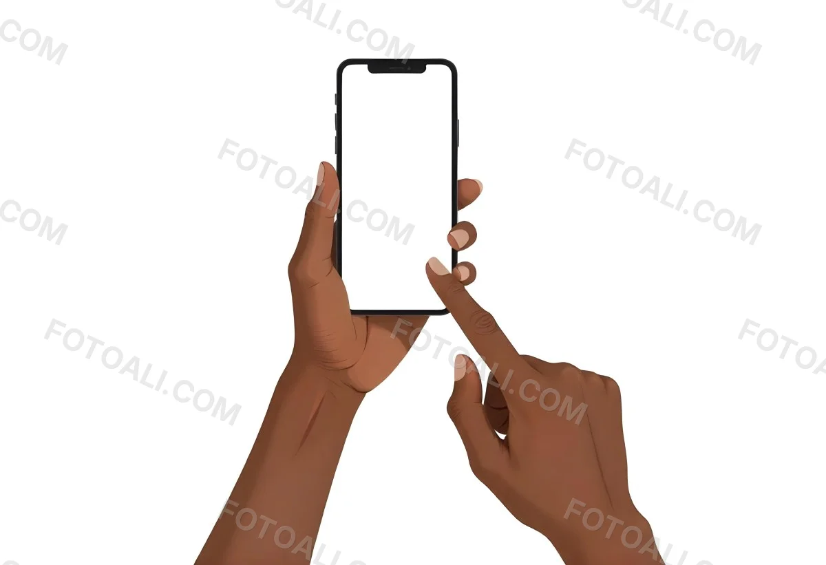 Dark Skinned Hands Holding A Smartphone With A Blank White Screen One Finger Is Holding The Screen Isolated On A White Background 16 5980