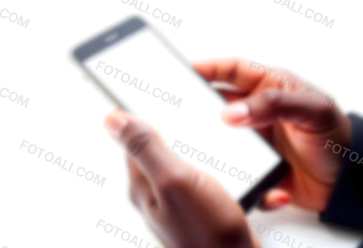 Dark Skinned Hands Holding A Smartphone With A Blank White Screen One Finger Is Holding The Screen Isolated On A White Background 3 E2a1