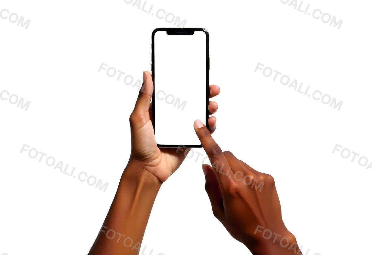 Dark Skinned Hands Holding A Smartphone With A Blank White Screen One Finger Is Holding The Screen Isolated On A White Background 6 5410