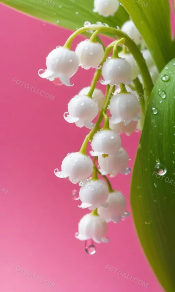 Delicate White Lily Of The Valley Flowers With Water Droplets On Green Stems Against A Vibrant Pink Background 1 B763
