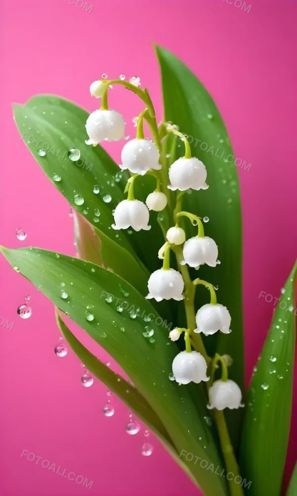 Delicate White Lily Of The Valley Flowers With Water Droplets On Green Stems Against A Vibrant Pink Background 2 Acfa