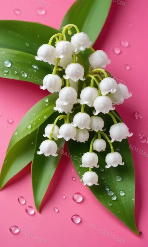 Delicate White Lily Of The Valley Flowers With Water Droplets On Green Stems Against A Vibrant Pink Background 6 3141